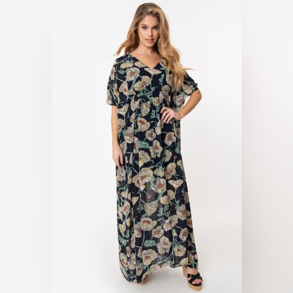 Unique Vintage Dresses & Skirts - UNIQUE VINTAGE Navy & Ivory Floral Chiffon Burton Kaftan Dress One Size Plus